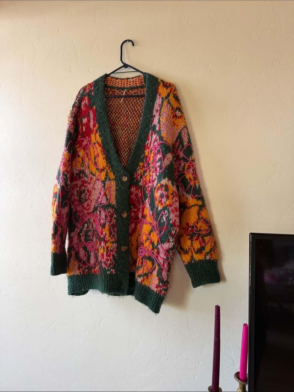 Oversized Multicolor Floral Knit Cardigan Sweater - Green Trim